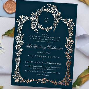Elegant Navy Blue monogram Rose Gold Crest Wedding