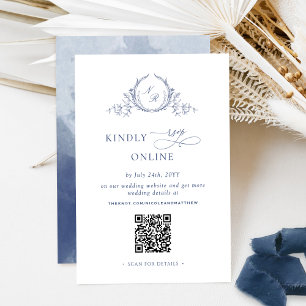 Elegant Navy Blue Monogram RSVP Online QR Code  Enclosure Card