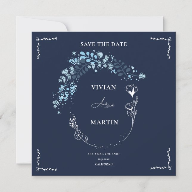 Elegant Navy BLue Monogram Save The Date Invitation (Front)
