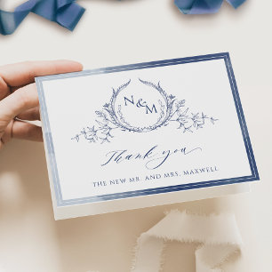 Elegant Navy Blue Monogram, Watercolor Wedding Thank You Card