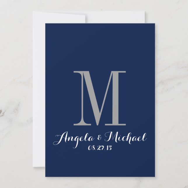 Elegant Navy Blue Monogram Wedding Invitation (Front)