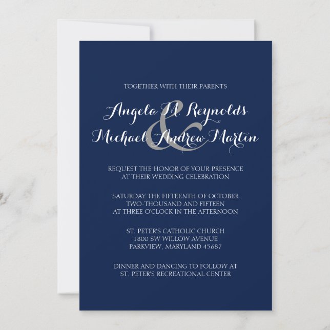 Elegant Navy Blue Monogram Wedding Invitation (Back)