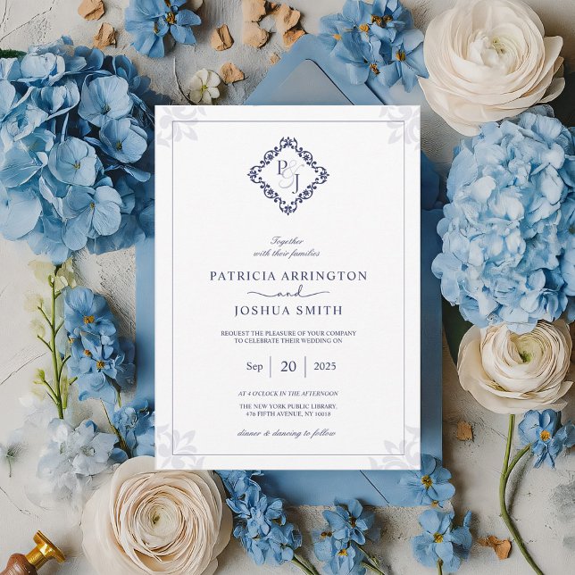Elegant Navy Blue Monogram Wedding Invitation Card (Creator Uploaded)