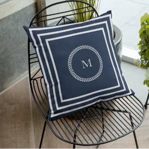 Elegant Navy Blue Monogram with White Frame Cushion
