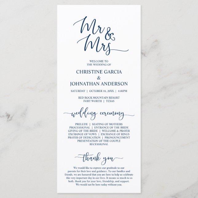 Elegant Navy Blue, Mr and Mrs, Wedding Ceremony Program (Front)