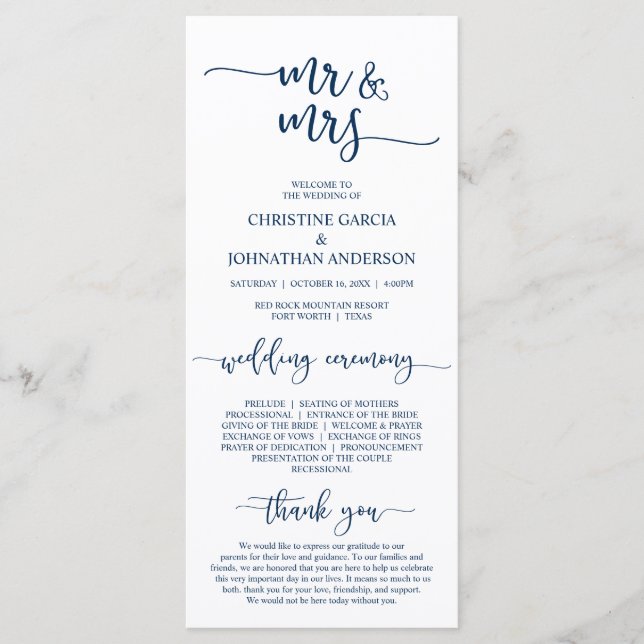 Elegant Navy Blue, Mr and Mrs, Wedding Ceremony Program (Front)