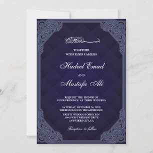 Elegant navy blue muslim wedding invitation