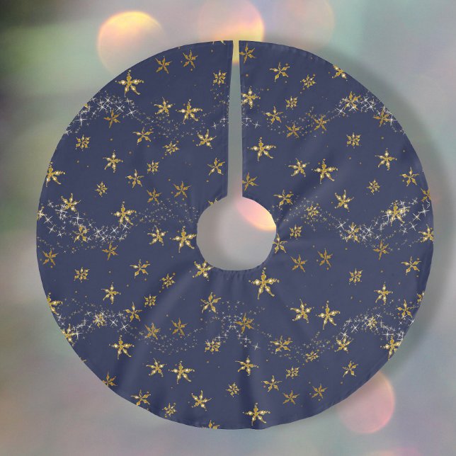 Elegant Navy Blue n Gold Snowflake Christmas Stars Brushed Polyester Tree Skirt (Creator Uploaded)