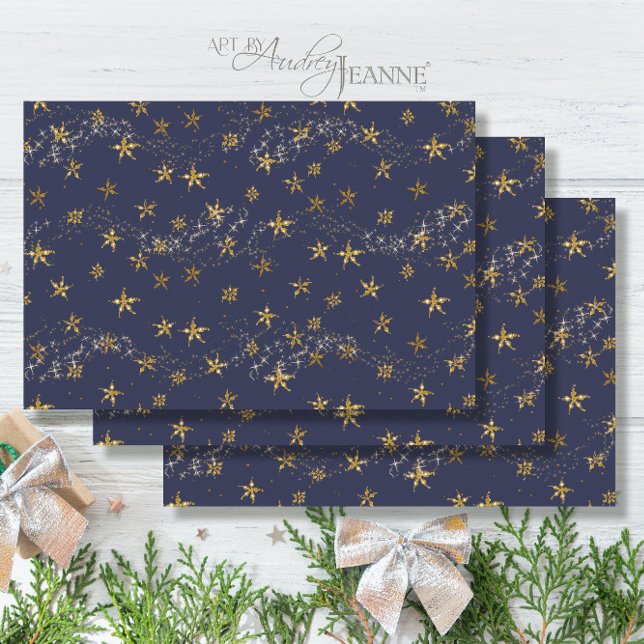 Elegant Navy Blue n Gold Snowflake Christmas Stars Wrapping Paper Sheet (Creator Uploaded)