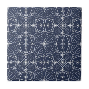 Elegant Navy Blue Nautical Abstract Seashells Ceramic Tile