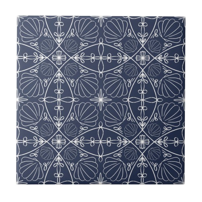 Elegant Navy Blue Nautical Abstract Seashells Ceramic Tile (Front)