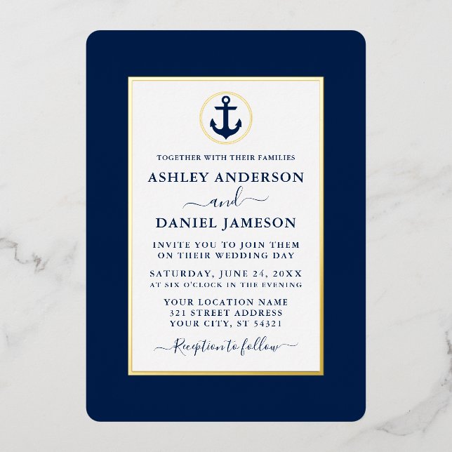 Elegant Navy Blue Nautical Anchor Wedding Gold (Front)