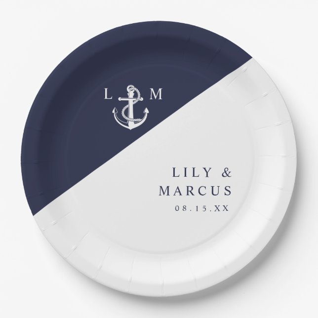 Elegant Navy Blue Nautical Monogram Wedding Paper Plate (Front)