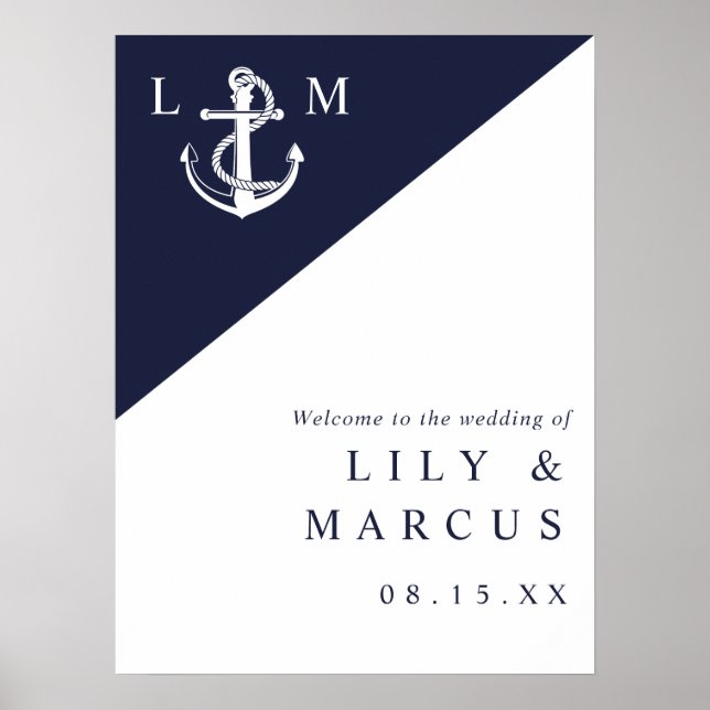 Elegant Navy Blue Nautical Wedding Welcome Sign (Front)