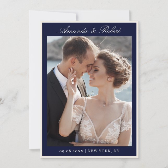 Elegant Navy Blue Old Money Photo Wedding Save The Date (Front)