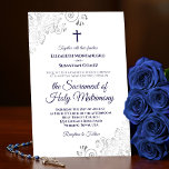 Elegant Navy Blue on White Modern Catholic Wedding Invitation<br><div class="desc">This beautiful wedding invitation is perfect for a modern Catholic ceremony. It features a beautiful design with elegant navy blue script lettering and ornate silver grey faux foil curls and swirls in the corners on a classic white background. Includes a cross or crucifix, and wording inviting your guests to attend...</div>