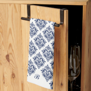 Elegant navy blue on white vintage damasks tea towel
