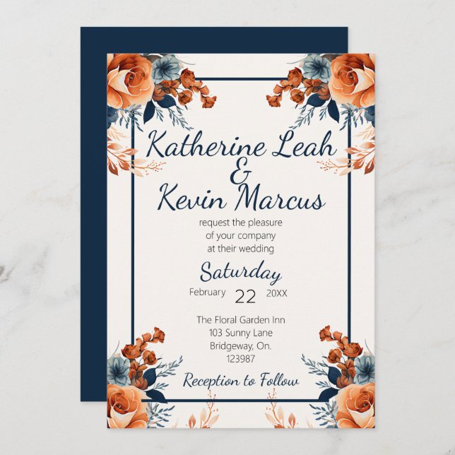 Elegant Navy Blue Orange Floral  Invitation (Front/Back)