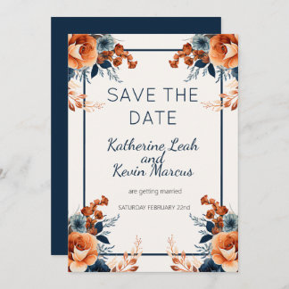 Elegant Navy Blue Orange Floral Save the Date Invitation