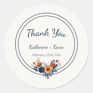 Elegant Navy Blue Orange Floral Wedding Classic Round Sticker