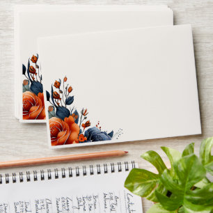 Elegant Navy Blue Orange Floral Wedding Envelope