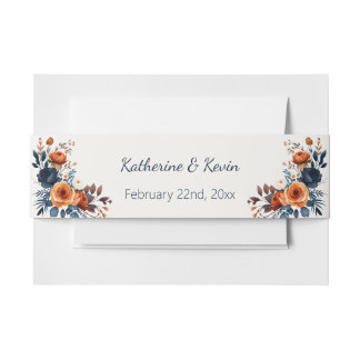 Elegant Navy Blue Orange Floral Wedding Invitation Belly Band