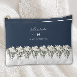 Elegant Navy Blue Orchid Maid of Honour Makeup Bag