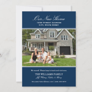 Elegant Navy Blue Our New Home Photo Moving Announcement
