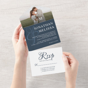 Elegant Navy Blue Overlay Photo Monogram Wedding All In One Invitation