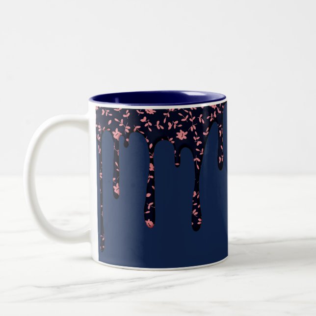 Elegant Navy Blue Paint Drip Floral Pink Flowers Two-Tone Coffee Mug (Left)