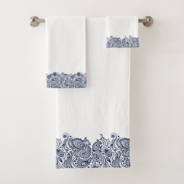 Elegant Navy-Blue Paisley Swirls Lace Bath Towel Set (Insitu)