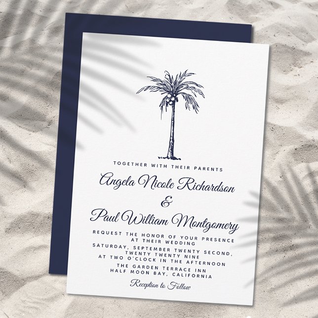 Elegant Navy Blue Palm Tree Formal Beach Wedding Invitation (Creator Uploaded)