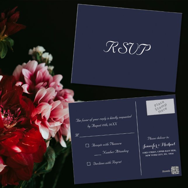 Elegant Navy Blue Party Wedding Response RSVP Postcard (Elegant Navy Blue Party Wedding Response RSVP Postcard)