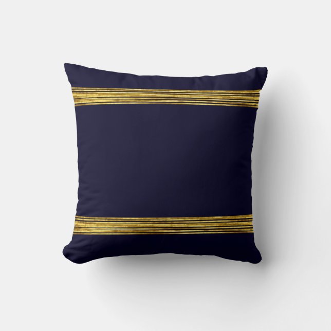 Elegant navy blue pattern, horizontal gold lines cushion (Front)