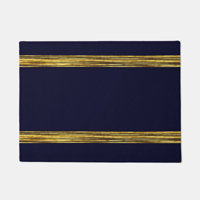 Elegant navy blue pattern, horizontal gold lines doormat (Front)