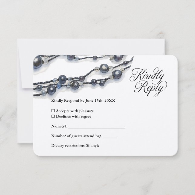 Elegant Navy Blue Pearl Watercolor Modern Wedding  RSVP Card (Front)