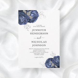Elegant Navy Blue Peonies Floral Wedding Invitation