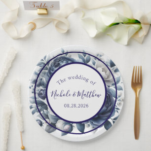 Elegant Navy Blue Peonies & White Roses Wedding Paper Plate
