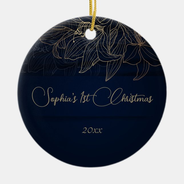 Elegant Navy Blue Personalised First Christmas  Ceramic Ornament (Front)