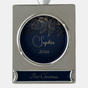 Elegant Navy Blue Personalised First Christmas Silver Plated Banner Ornament