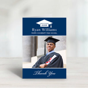 Elegant Navy Blue Personalised Graduation Photo Thank You Card