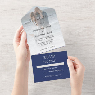 Elegant Navy Blue Photo Beach Wedding All In One Invitation