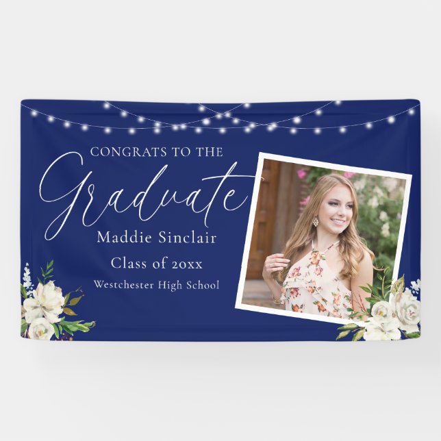 Elegant Navy Blue Photo Floral Graduation Banner (Horizontal)