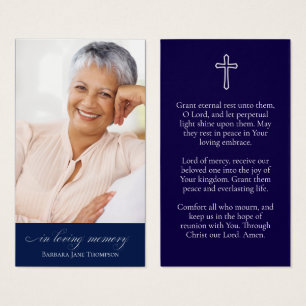 Elegant Navy Blue Photo Funeral Prayer Card