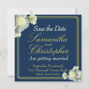 Elegant Navy Blue Photo Gold Script White Rose Save The Date