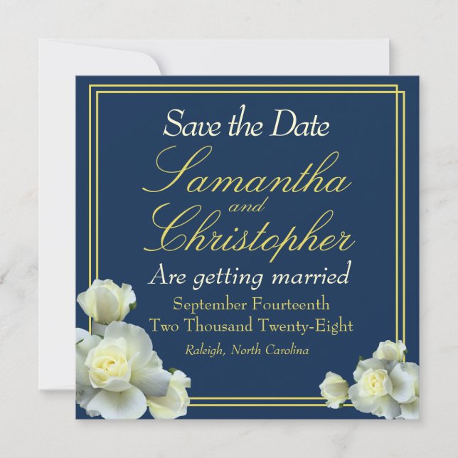Elegant Navy Blue Photo Gold Script White Rose  Save The Date (Front)