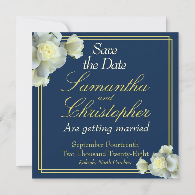Elegant Navy Blue Photo Gold Script White Rose  Save The Date (Front)
