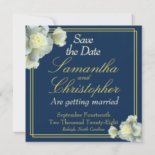Elegant Navy Blue Photo Gold Script White Rose Save The Date
