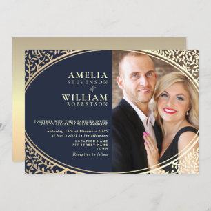 Elegant Navy Blue Photo Wedding Invitation