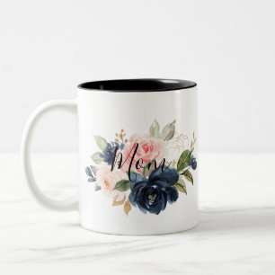 Elegant Navy Blue Pink Blush Floral Mum   Two-Tone Coffee Mug